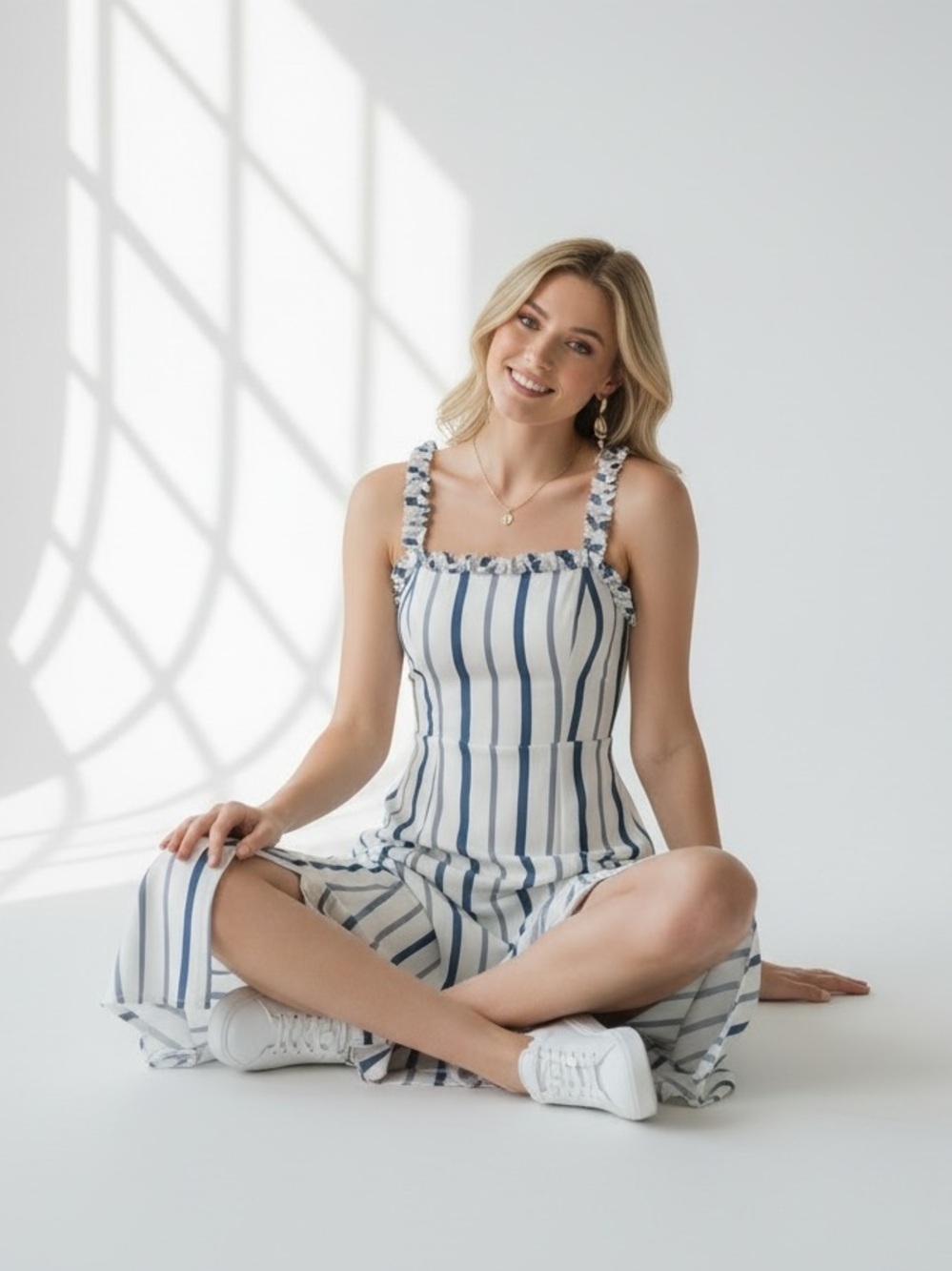 Stripe blue midi slit dress